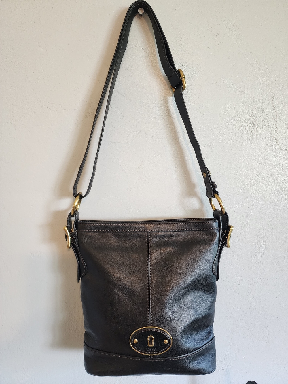 Vintage Fossil Black Leather Crossbody with Brass Hardware